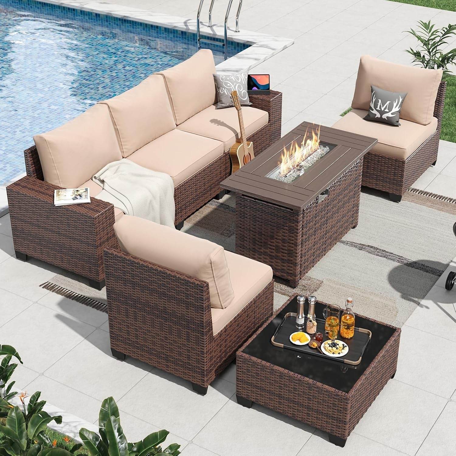 7 Piece Outdoor Wicker Furniture Set with Fire Pit - Loft&Timber