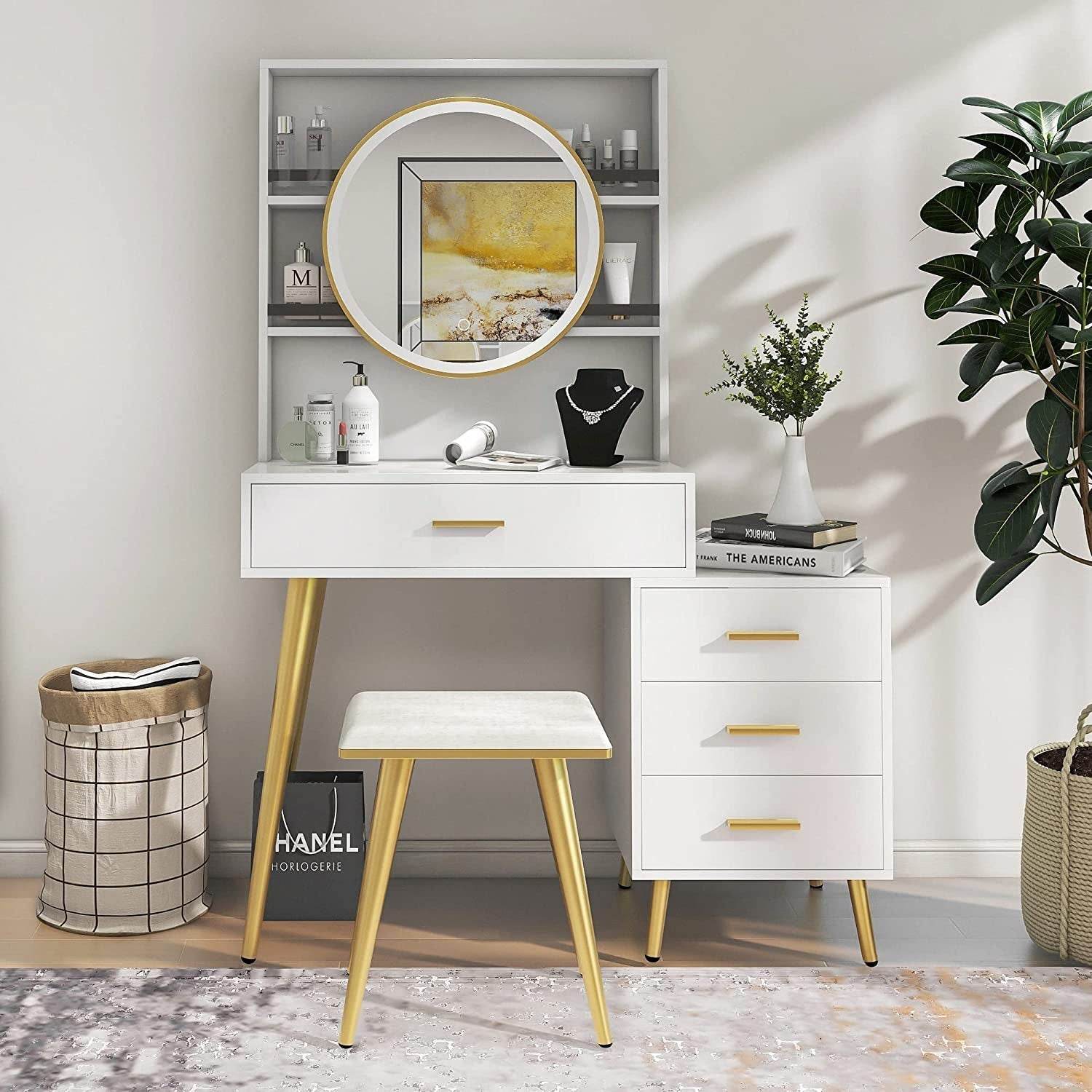 White Vanity Desk with Mirror and Lights, 5 Drawers - Loft&Timber