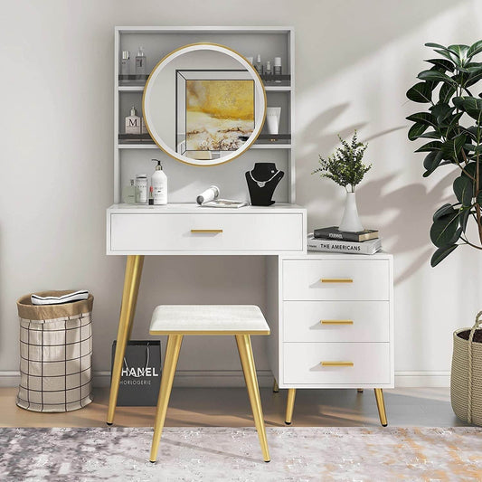 White Vanity Desk with Mirror and Lights, 5 Drawers - Loft&Timber