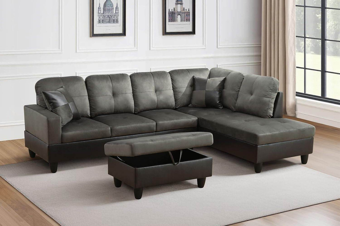 Taupe Sectional Couch for Living Room Set, 105 Inch Sectional Sofa L Shaped Couch with Storage Ottoman/Microfiber Fabric/Facing Right Chaise - Loft&Timber