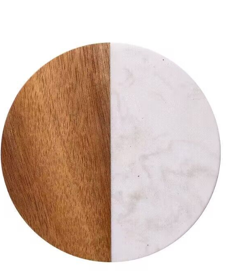 Set Of 4 White Marble and Acacia Wood 4" Round Coasters - Loft&Timber