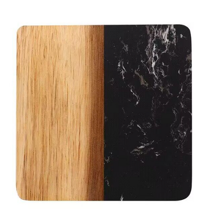 Set Of 4 Black Marble and Acacia Wood 4" Square Coasters - Loft&Timber