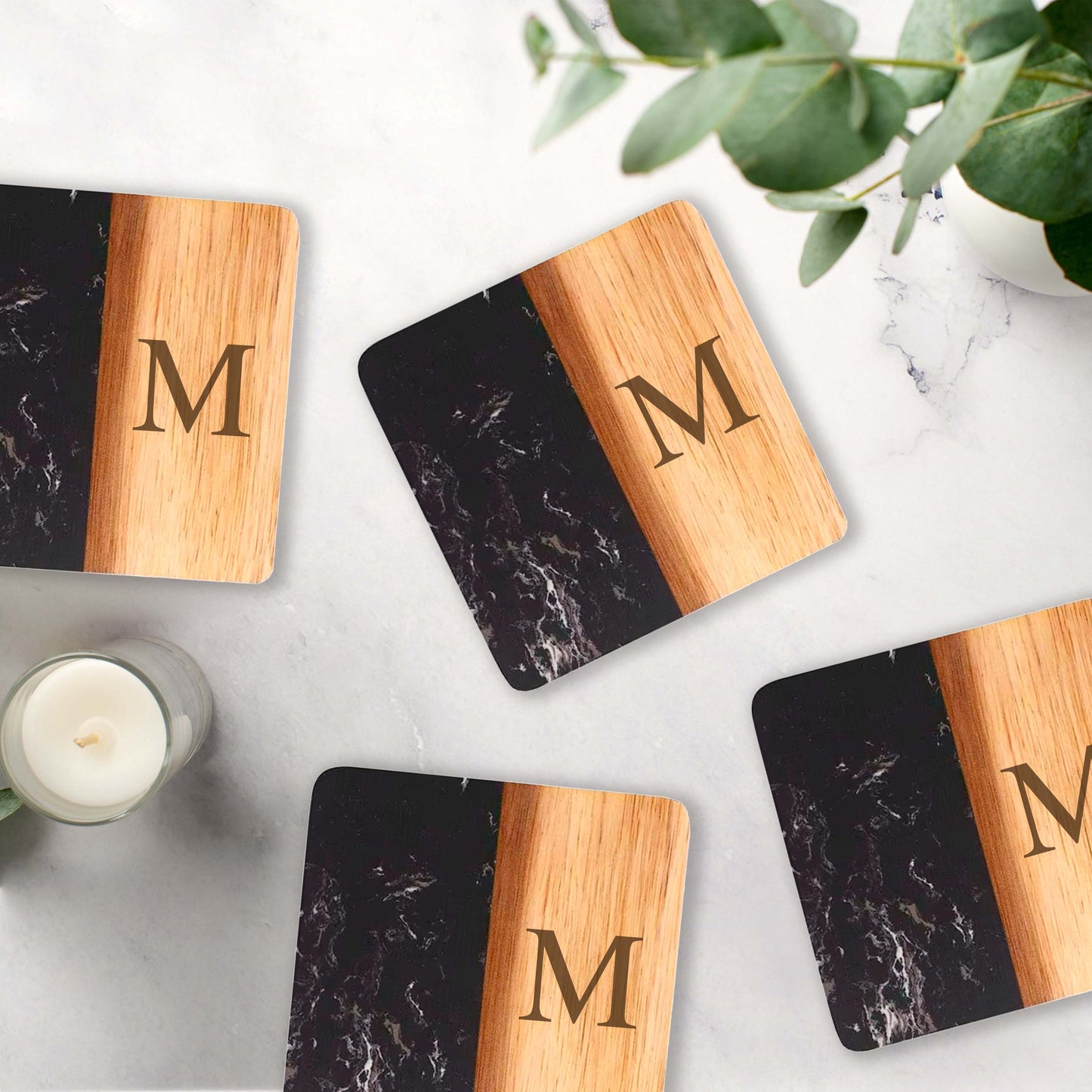 Set Of 4 Black Marble and Acacia Wood 4" Square Coasters - Loft&Timber