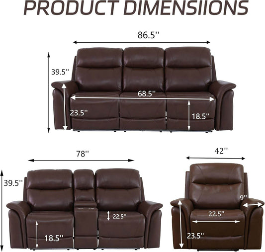 Power Recliner Sofa Set with LED (3 Pieces Couch Set, Brown) - Loft&Timber