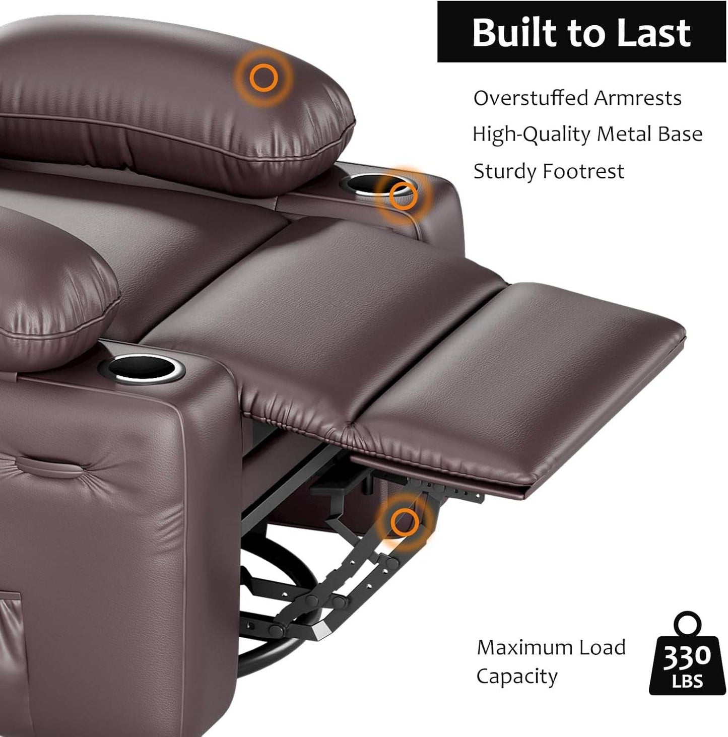 Leather Recliner Chair, Manual Recliner W/Comfortable Arms and Cup Holders for Living Room CF8011 - Brown, Medium - Loft&Timber