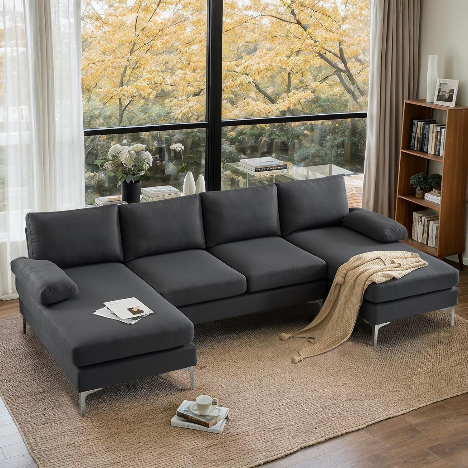 110" Modern U Shaped Sectional Couch with 51" D Double Chaise for Living Room, Grey Deep Seat Sectional Sofa Sets with 5.9" Thickness Seating Padding for Home Furniture,Linen Fabric,Metal Legs-0