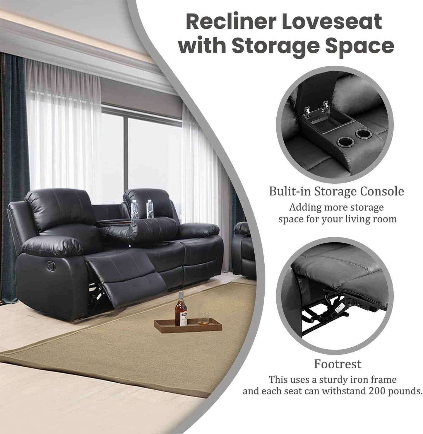 Manual Recliner Sofa Set, Bonded Leather in Black - Loft&Timber
