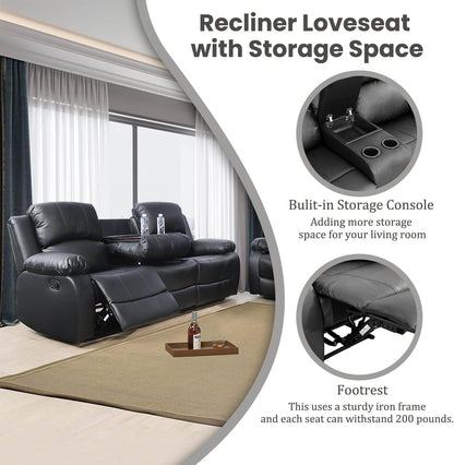 Manual Recliner Sofa Set, Bonded Leather in Black - Loft&Timber