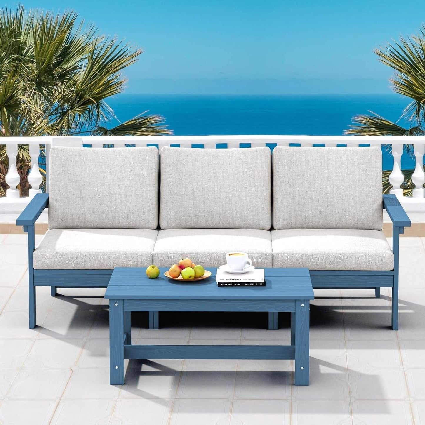 HDPE Patio Sofa Set, 4-Piece Sectional Outdoor Patio Furniture Set, All Weather Patio Couch Set Patio Furniture Set for Deck, Lawn, Blue Frame with Khaki Cushion - Loft&Timber