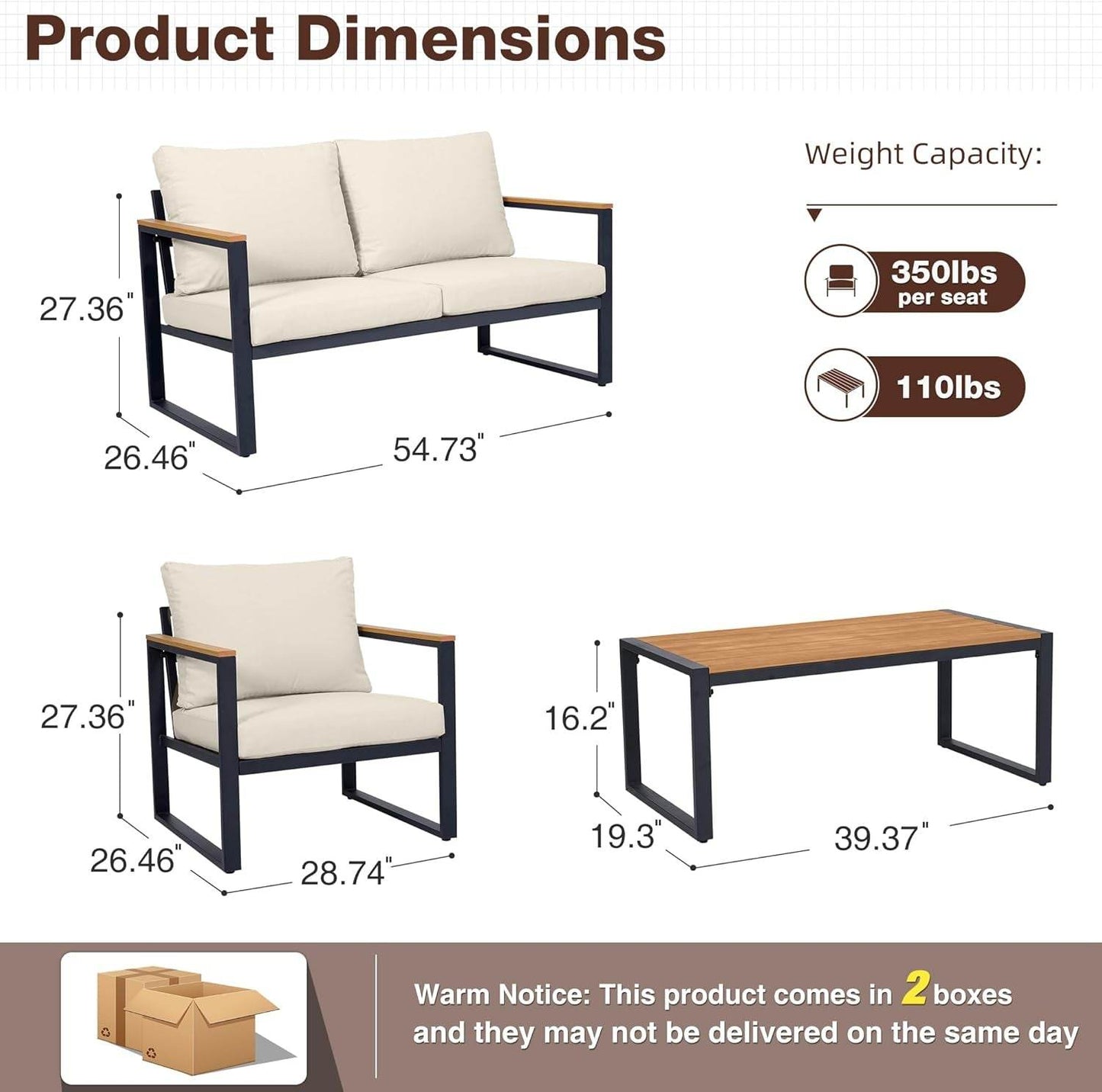 Patio Furniture Set, 4 Pieces Outdoor Patio Furniture with Coffee Table Set, Metal Patio Conversation Sets with Washable and High-Resiliency Sponge Cushions, Upgarded Beige - Loft&Timber