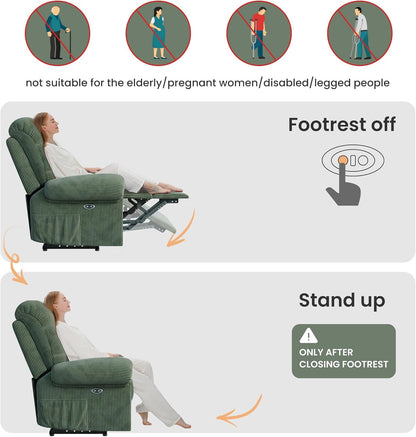 Upgraded 2024 New Power Recliner Chair for Adults, Adjustable Electric Chair Power Reclining Sofa, USB Port, Ultra-Comfy Corduroy Recliner for Living Room, Tool-Less Assembly Single Sofa Green-2