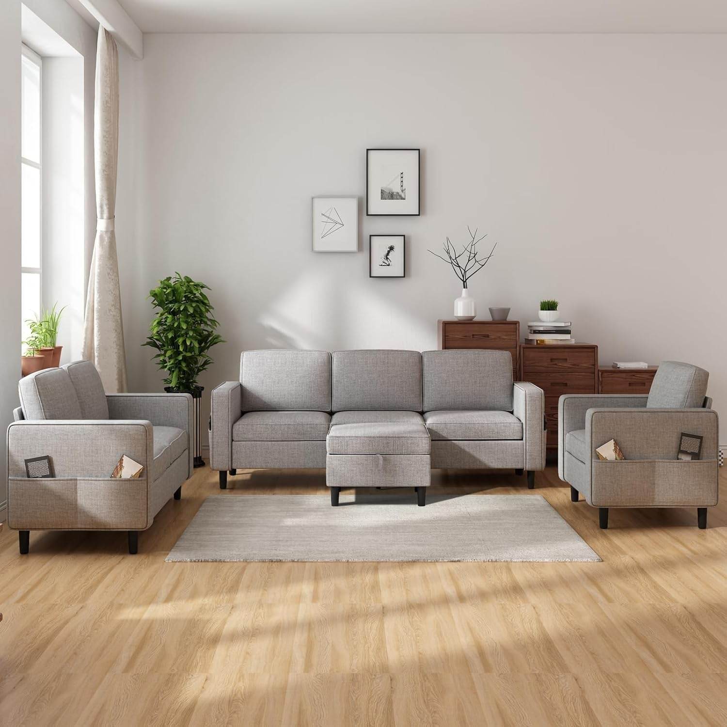 6 Seaters Sectional Upholstered Sofa, Linen Fabric Sofa Couch with Side Pockets, Free Combination Sofa Set with Movable Storage Ottoman, for Living Room-Sofa&Loveseat&Chair&Ottoman,Light Grey - Loft&Timber