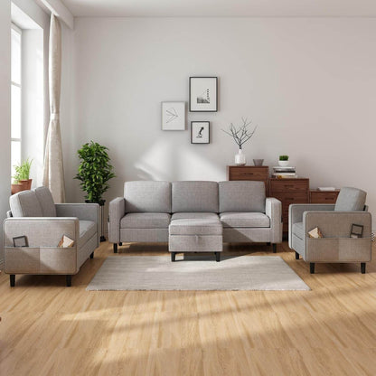 6 Seaters Sectional Upholstered Sofa, Linen Fabric Sofa Couch with Side Pockets, Free Combination Sofa Set with Movable Storage Ottoman, for Living Room-Sofa&Loveseat&Chair&Ottoman,Light Grey - Loft&Timber