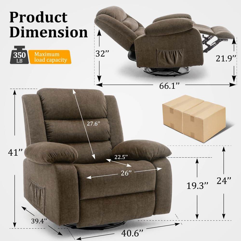 Recliner Chair, Wide Rocker Chair, Rocking Chair with Massage and Heat,360°Swivel Nursery Rocking Chairs, Oversized Recliner for Adults, Cashmere Reclining Sofa for Living Room, Brown - Loft&Timber