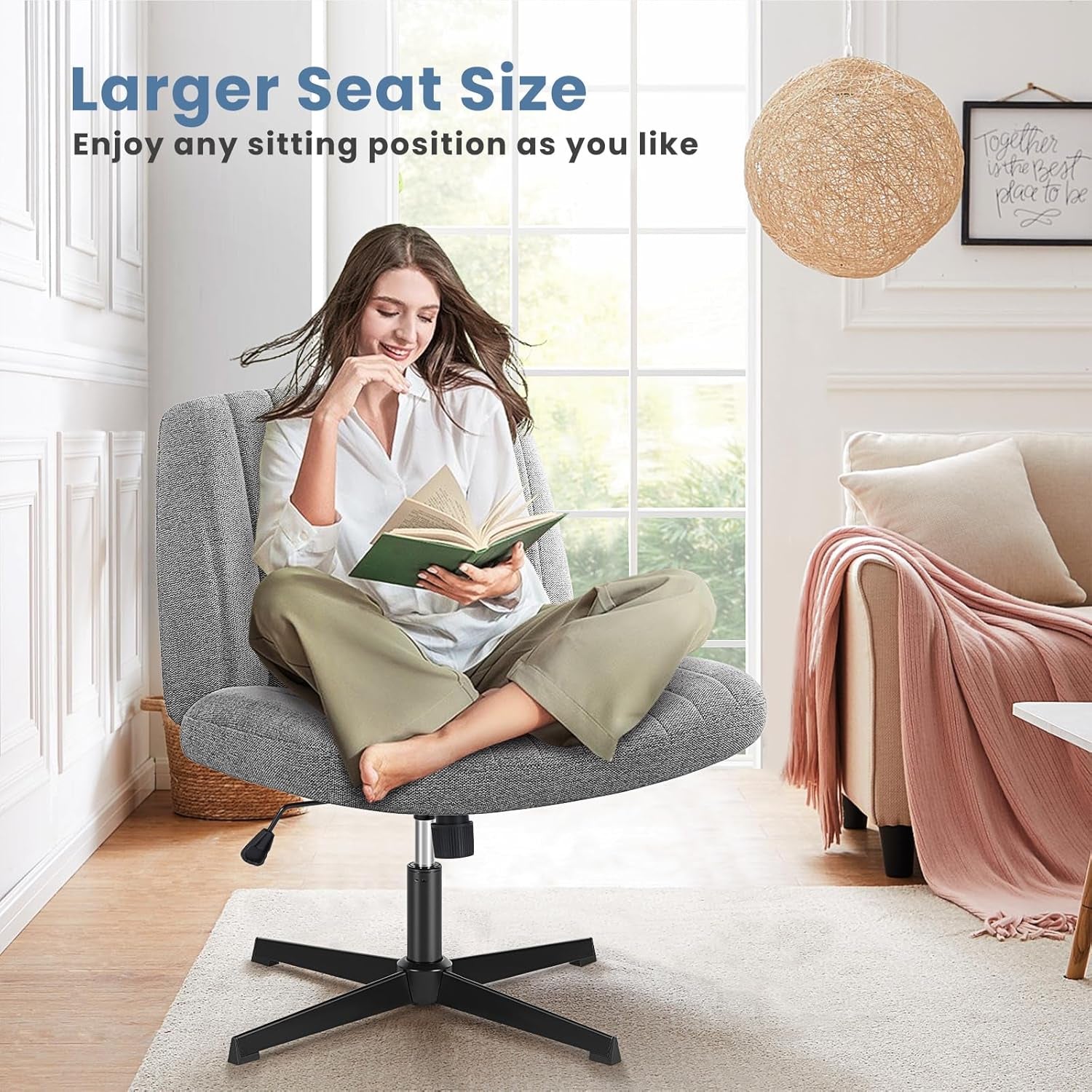 Cross Legged Office Chair, Armless Wide Desk Chair No Wheels, Modern Home Office Desk Chair Swivel Adjustable Fabric Vanity Chair-2
