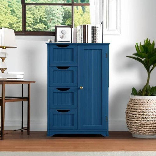 Wooden Bathroom Floor Cabinet, Side Storage Organizer Cabinet with 4 Drawers and 1 Cupboard, Freestanding Entryway Storage Unit Console Table, Bathroom Furniture Home Decor, Navy Blue - Loft&Timber