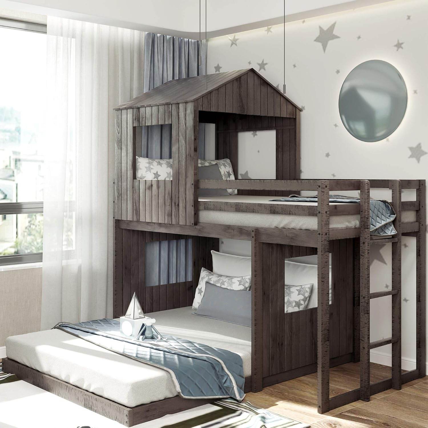 House Bunk Beds Twin over Full Size, Wood Bunk Beds with Roof and Window (Distressed Grey, Twin over Full) - Loft&Timber