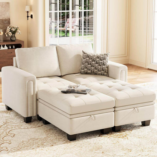 Velvet Modular Sectional Sofa Couch with Storage Convertible Sectional Sleeper Sofa Couch Bed Set with Reversible Chaise Beige - Loft&Timber
