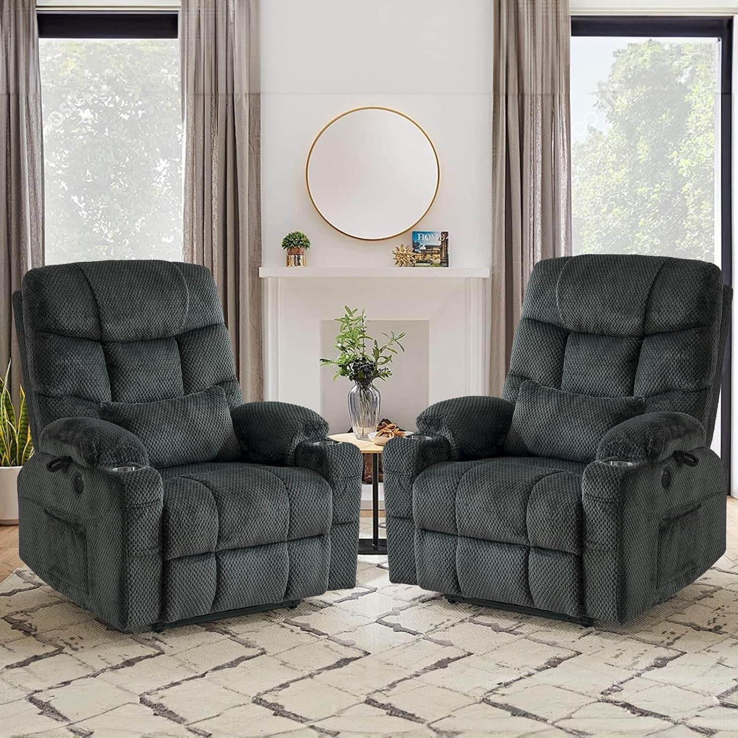 Large Dual Motor Lay Flat Power Lift Recliner Chair Set of 2 for Elderly with Massage and Heat, Textile Oversized Recliner Chair, Lift Chairs Recliner with Lumbar Pillow, Cup Holder, Grey - Loft&Timber