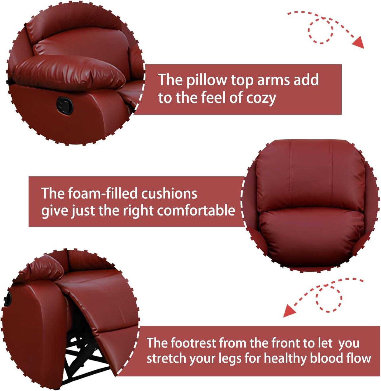 Manual Recliner Sofa Set, Bonded Leather Sofa Set, Red - Loft&Timber