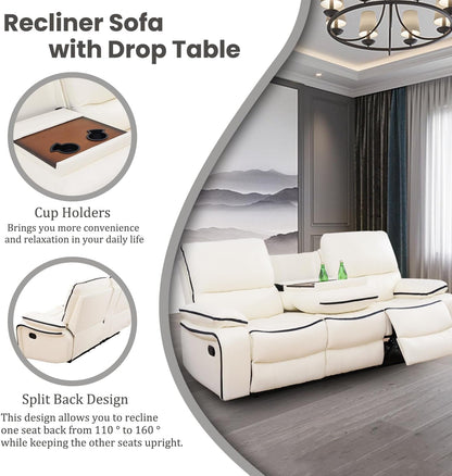Recliner Sofa Set Bonded Leather, Living Room Furniture Set,Leather Sofa Set Reclining Sofa Manual Recliner Couch (Chair and Sofa Set,Cream White)-2