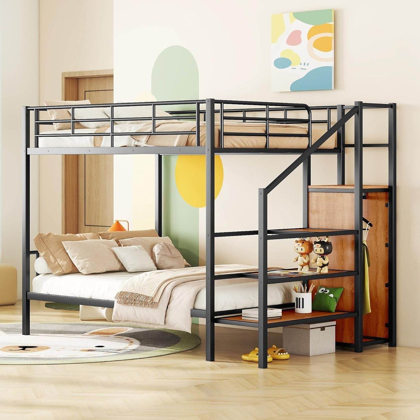 Full over Full Metal Bunk Bed，Bunk Bed with Storage Stairs and Wardrobe, Bunk Bed for Adults/Kids/Teens, Bunk Bed for School, Bedroom, Black - Loft&Timber