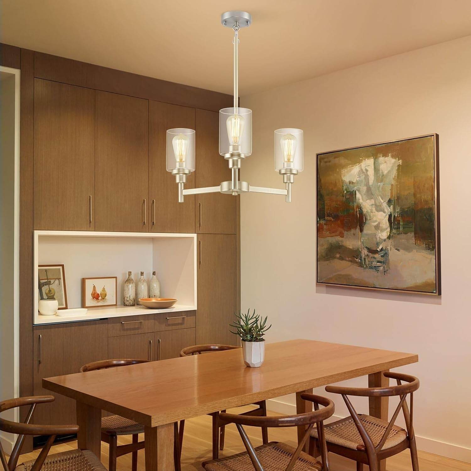 3 Lights Brushed Nickel Chandeliers for Dining Room Light Fixture over Table, Entryway Chandelier for Foyer, Hallway Light Fixtures with Glass Shade for Kitchen Island Foyer Hallway - Loft&Timber