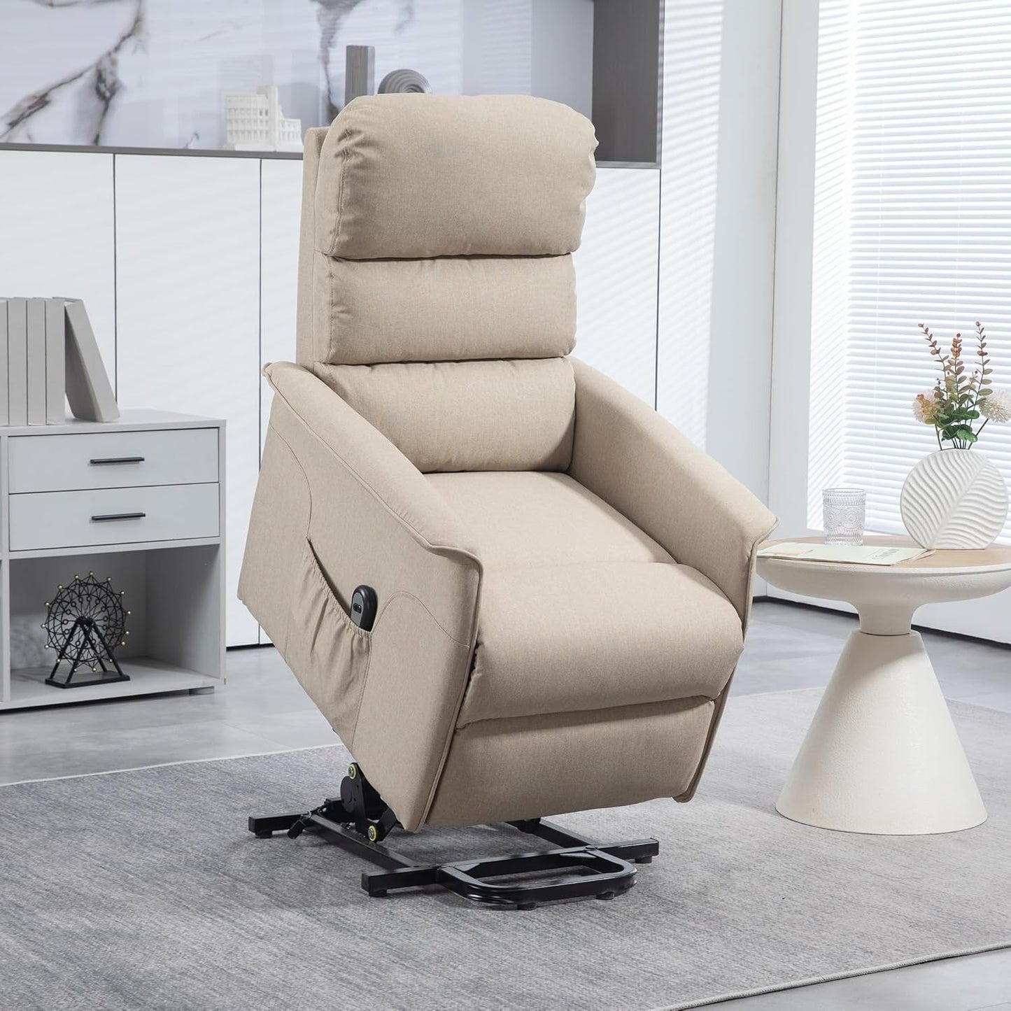 Power Lift Recliner Chair for Elderly, Easy Assembly, Fabric Lift Chair for Adults, Recliner Sofa with Remote Control, Side Pockets for Living Room, Beige-1