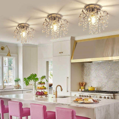 Small Crystal Chandelier Flush Mount Ceiling Light Fixtures Modern Mini Chandelier Light Fixture for Hallway Entryway Bedroom Bathroom Kitchen,Chrome Metal,Clear K9 Crytal - Loft&Timber