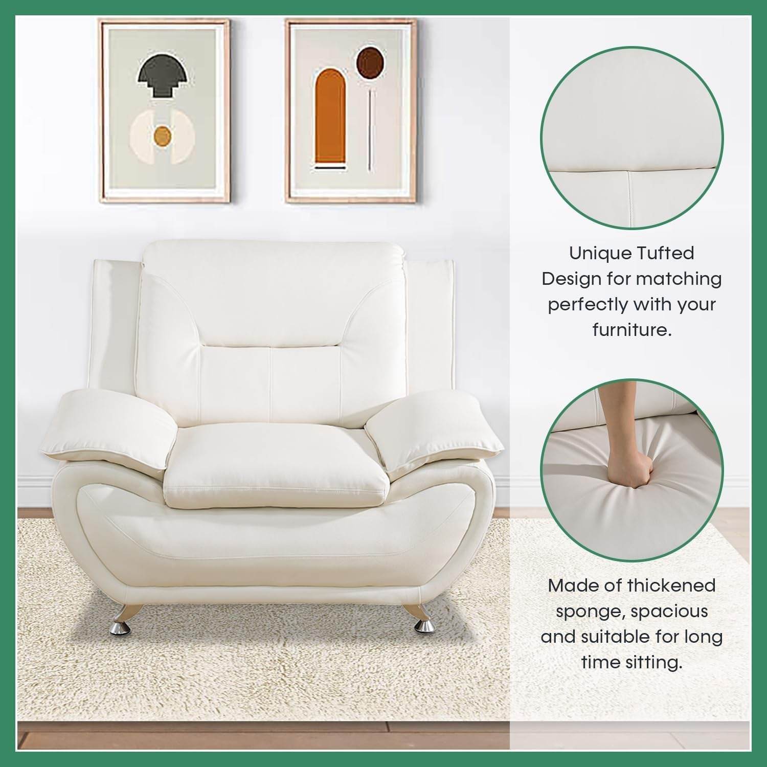 Leather Sofa Set,Leather Sofa Set for Living Room Furniture Sets, Loveseat Sofa with Chair 3-Piece for Living Room/Office/Apartment(White) - Loft&Timber