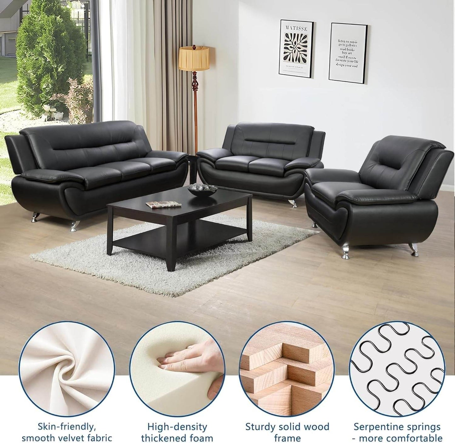 3 Piece Living Room Couch Set, Faux Leather Sofa Set, Modern Sofa Couch Set Living Room Furniture (Sofa+Loveseat+Chair, Black) - Loft&Timber