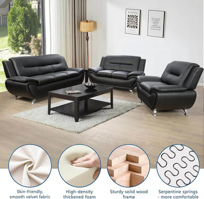 3 Piece Living Room Couch Set, Faux Leather Sofa Set, Modern Sofa Couch Set Living Room Furniture (Sofa+Loveseat+Chair, Black) - Loft&Timber