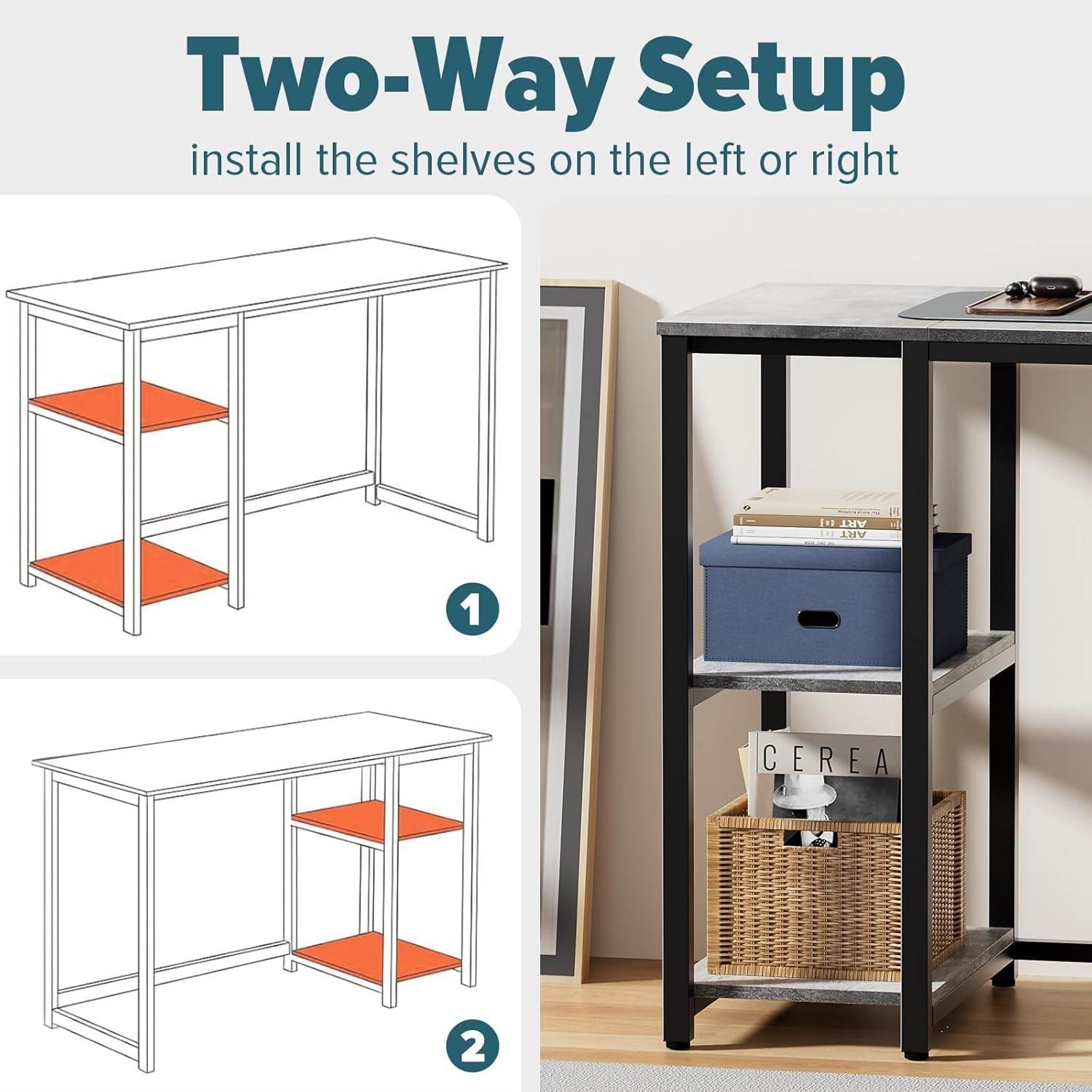 Computer Desk 40 Inches with 2-Tier Shelves in Gray - Loft&Timber