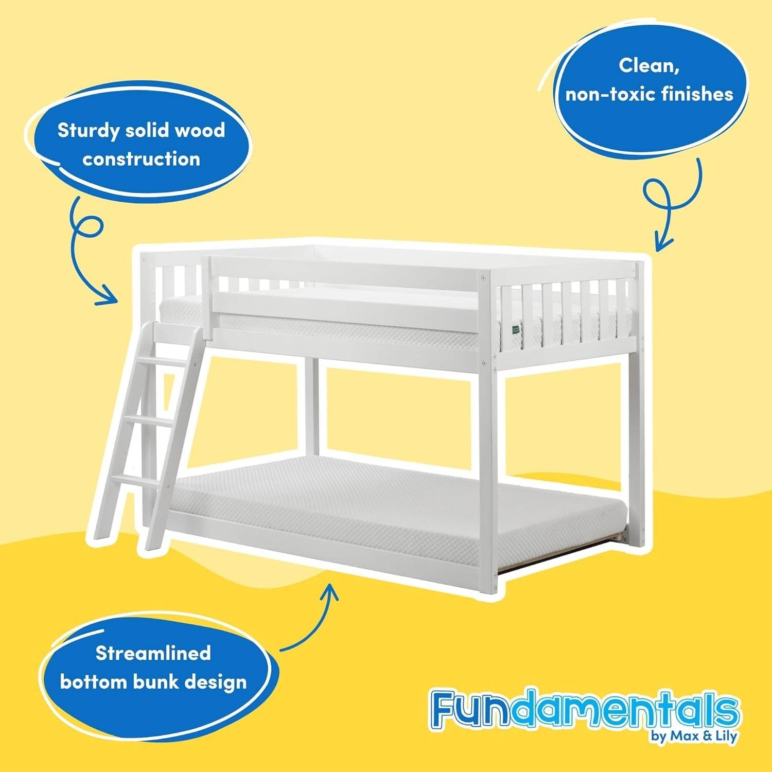 White Fundamental Twin Low Bunk Bed, Kids Solid Wood Modern Bed Frame - Loft&Timber