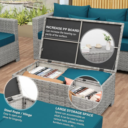 Patio Furniture Set 6 Piece Outdoor Grey Wicker With Peacock Blue Cushions-4