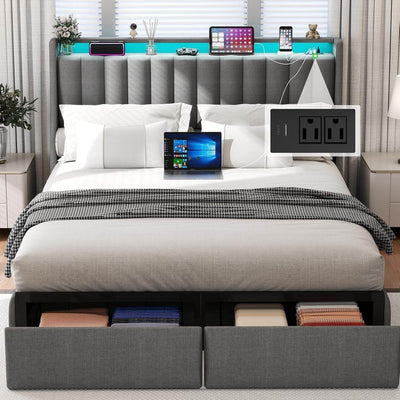 Queen Bed Frame with 2 Storage Drawers, Platform Bed Frame Queen Size with LED Light, Upholstered Headboard, Charging Station, Steel Slat Support, No Box Spring Needed, Noise-Free, Easy Assembly, Gray-0