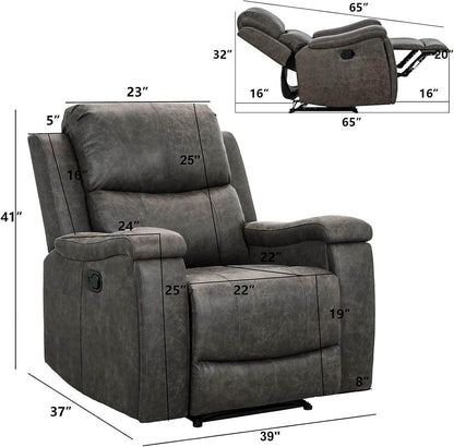 Leather Recliner Chair, Classic and Traditional Manual Recliner Chair with Overstuffed Arms and Back, Manual Single Sofa with Concealed Cup Holders,Grey - Loft&Timber