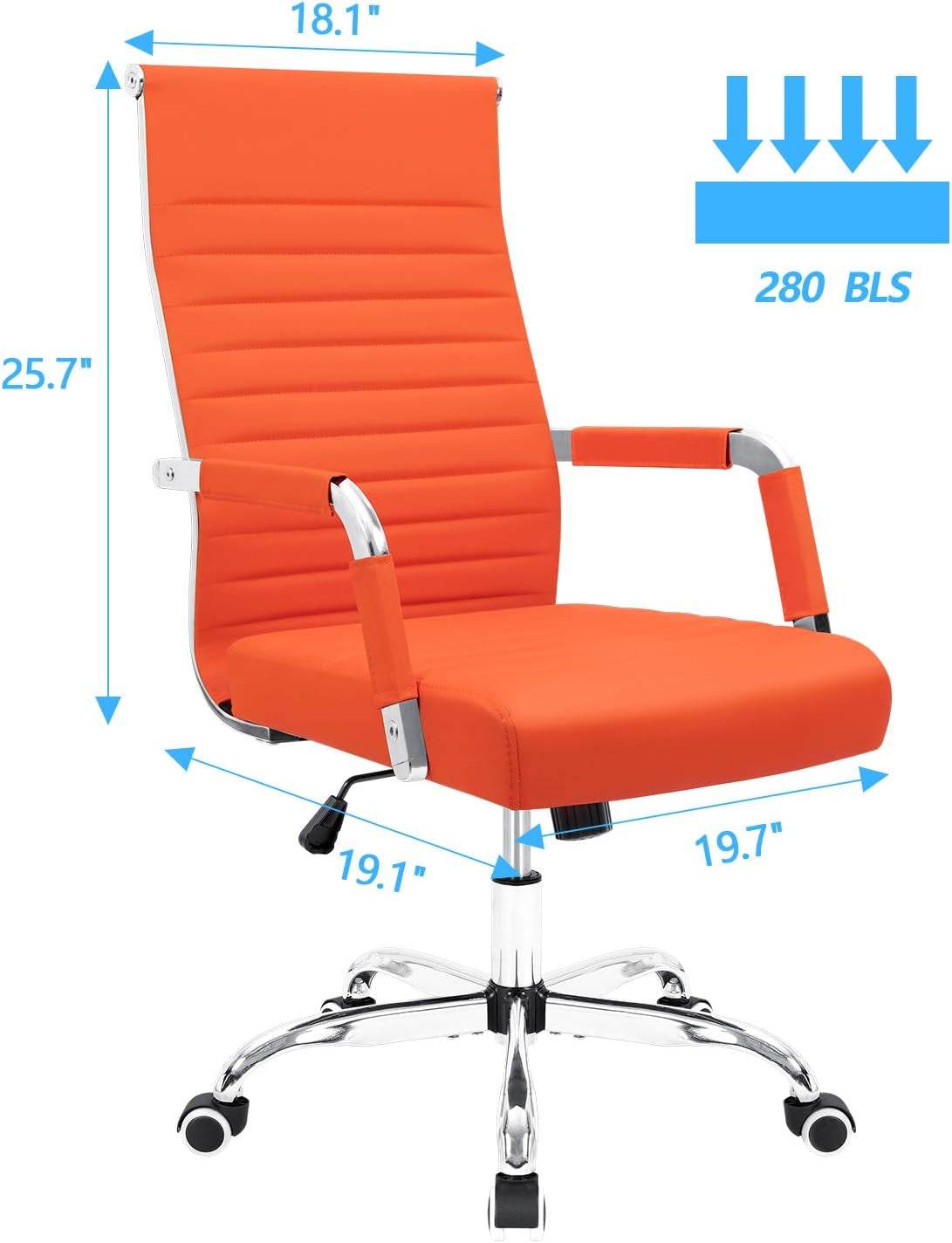 Ribbed Office Desk Chair Mid-Back Leather with Swivel and Arms (Orange) - Loft&Timber