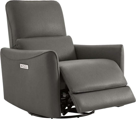 Power Recliner Chair Swivel Glider, FSC Certified Upholstered Faux Leather Living Room Nursery Reclining Sofa Chair with Lumbar Support, Charcoal-0