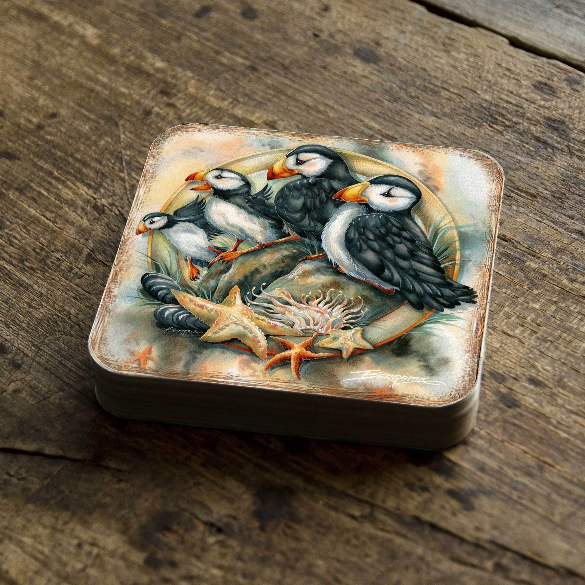 Puffins Wooden Cork Coasters Gift Set of 4 by J. Bergsma - Wildlife Decor - 8199462C-S4 - Loft&Timber