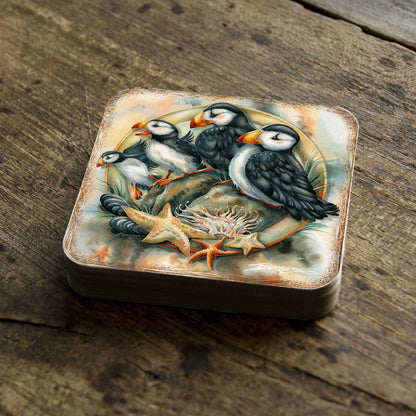 Puffins Wooden Cork Coasters Gift Set of 4 by J. Bergsma - Wildlife Decor - 8199462C-S4 - Loft&Timber