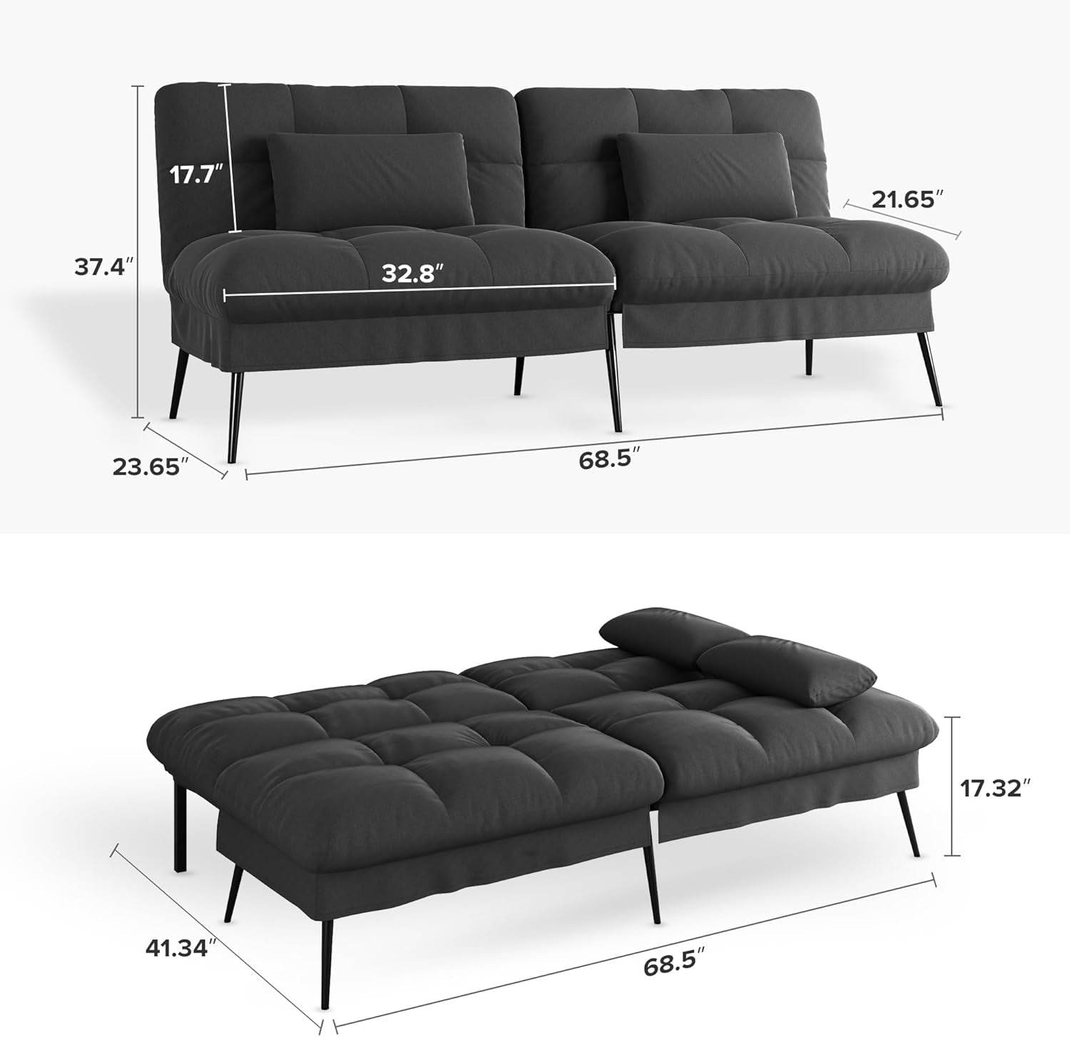 Convertible Futon Sofa Bed 68″ in (Black) - Loft&Timber