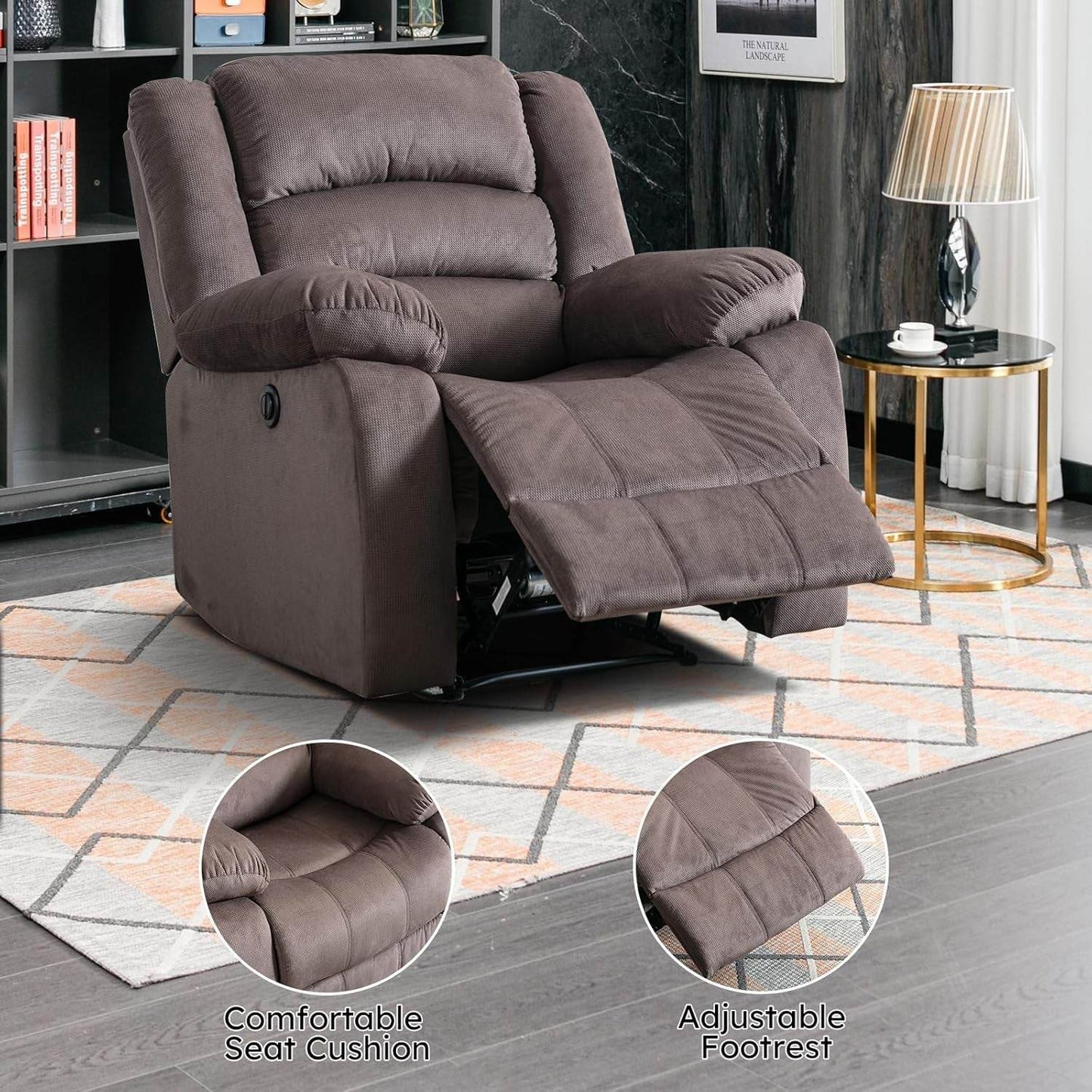 Classic Power Recliner Chair, Oversized Electric Reclining Chair with Overstuffed Cushion and Back, Soft Fabric Adults Single Recliner Sofa for Living Room, Brown - Loft&Timber