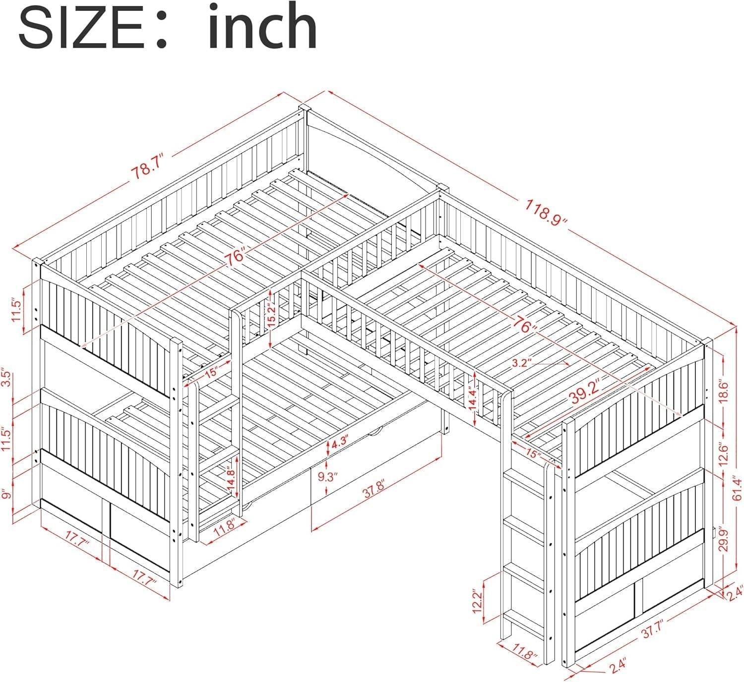 Triple Bunk Bed for Kids L Shaped Bunk Bed Solid Wood Twin over Twin over Twin Bed with 2 Drawers and 2 Ladders, No Box Spring Needed, Gray - Loft&Timber