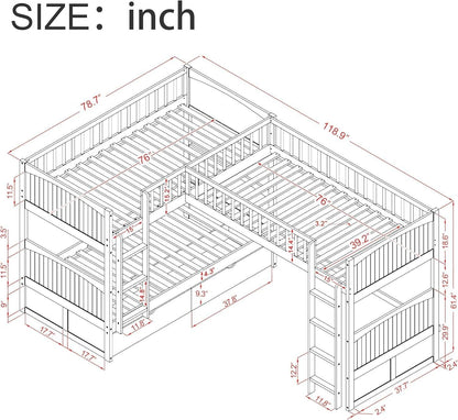 Triple Bunk Bed for Kids L Shaped Bunk Bed Solid Wood Twin over Twin over Twin Bed with 2 Drawers and 2 Ladders, No Box Spring Needed, Gray - Loft&Timber