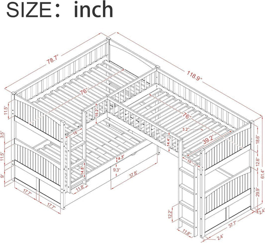 Triple Bunk Bed for Kids L Shaped Bunk Bed Solid Wood Twin over Twin over Twin Bed with 2 Drawers and 2 Ladders, No Box Spring Needed, Gray - Loft&Timber