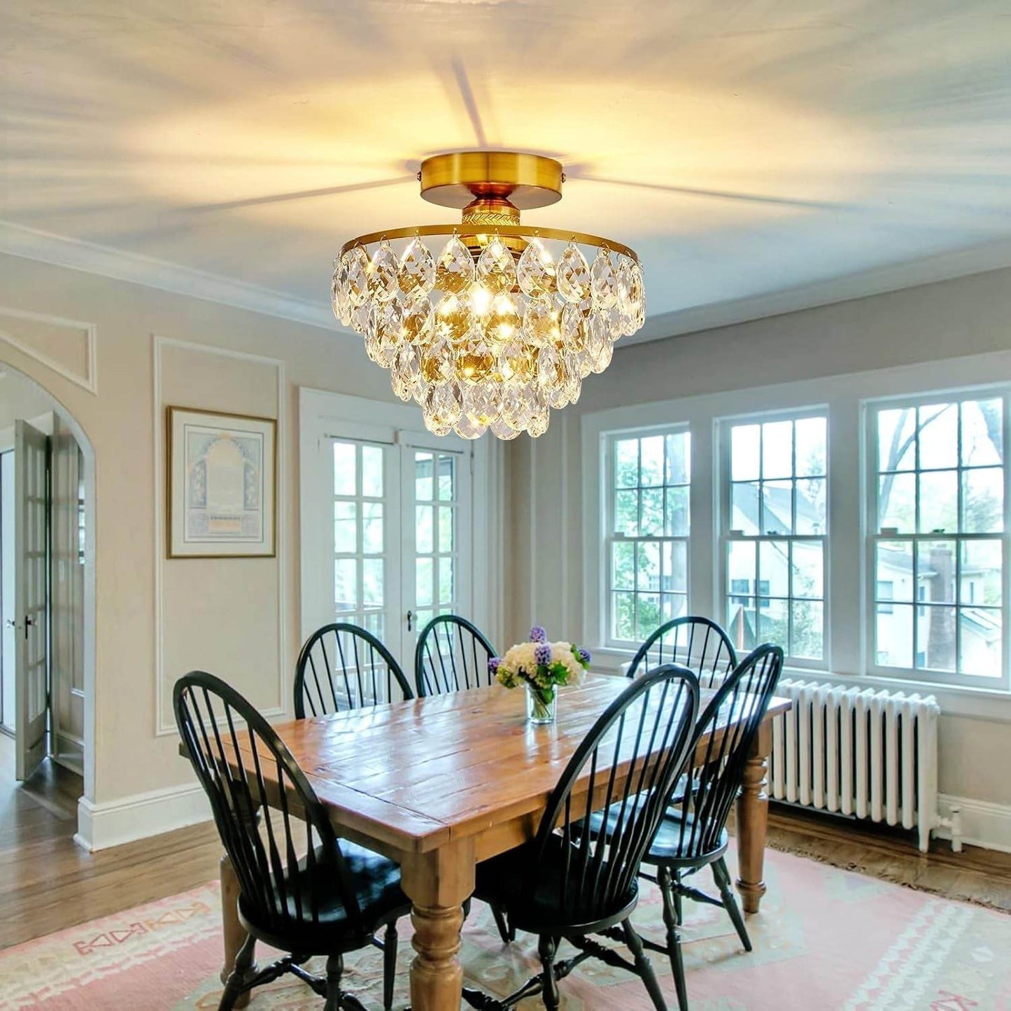 Modern E26 Small Crystal Chandelier Semi Flush Mount Ceiling Light Fixture Gold Ceiling Lamp for Hallway Bedroom Bathroom Closet Bedroom Foyer - Loft&Timber