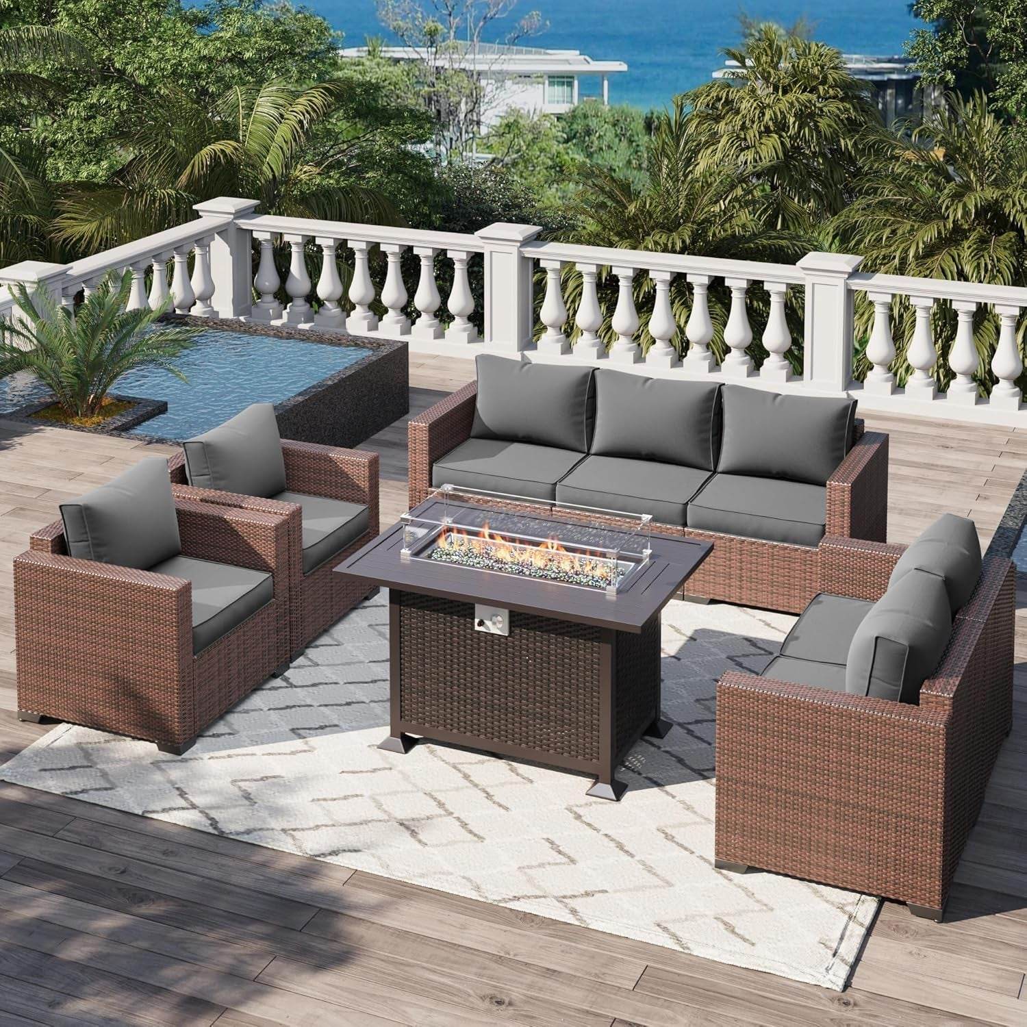 Patio Furniture Set with Fire Pit Table, 5 Pieces Outdoor Furniture Sets, Wicker Patio Conversation Sets W/Waterproof Covers for Backyard, Porch, Balcony, Poolside(Grey) - Loft&Timber