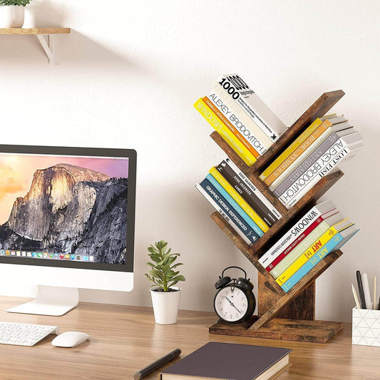 4 Tier Tree Bookshelf, 4 Shelf Bookcase, Modern Book Storage, Free Standing Tree Bookcase, Utility Organizer Shelves for Home Office, Living Room, Bedroom, Rustic Brown - Loft&Timber