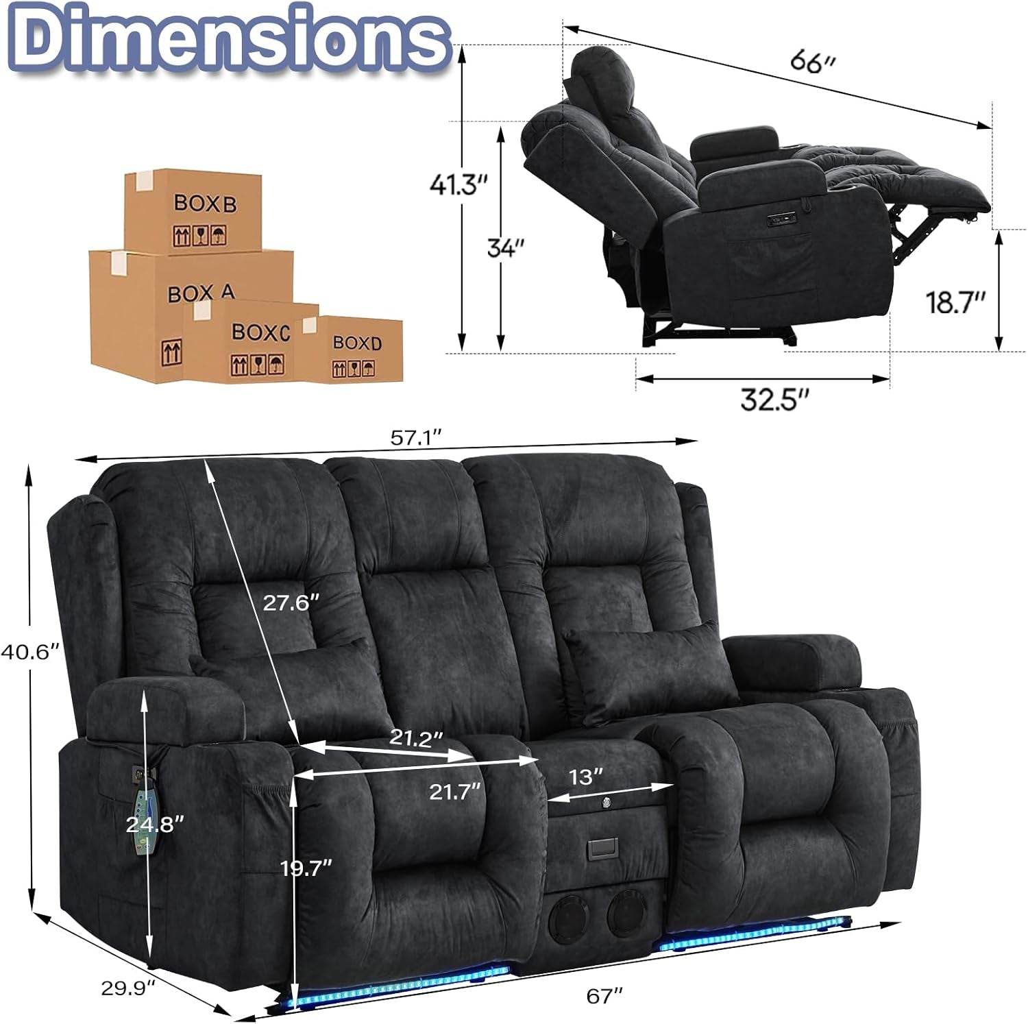 Power Loveseat Recliner Sofa with Massage & Heat (Velvet, Grey) - Loft&Timber